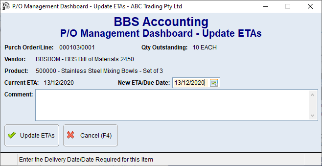 P/O Management Dashboard - Update ETAs screen P/O Management Dashboard - Update ETAs screen