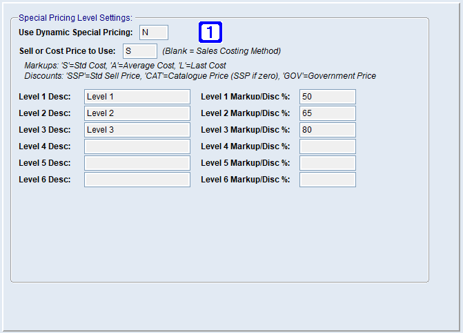 System Parameter Maintenance - Special Pricing Levels Screen System Parameter Maintenance - Special Pricing Levels Screen