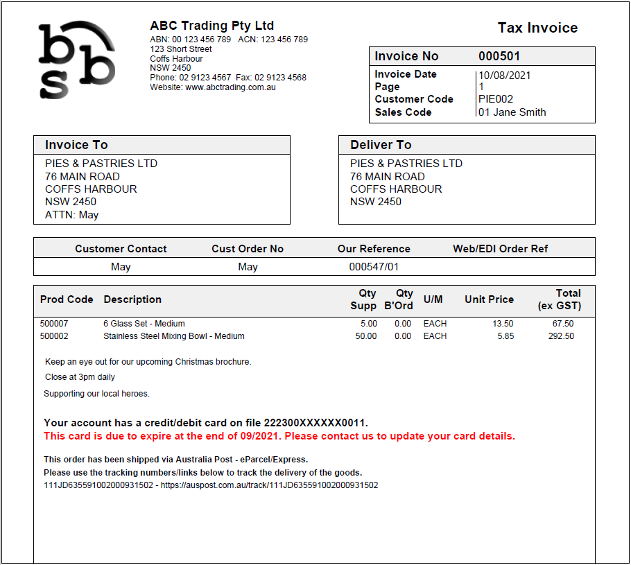 Example of Invoice with tracking details Example of Invoice with tracking details