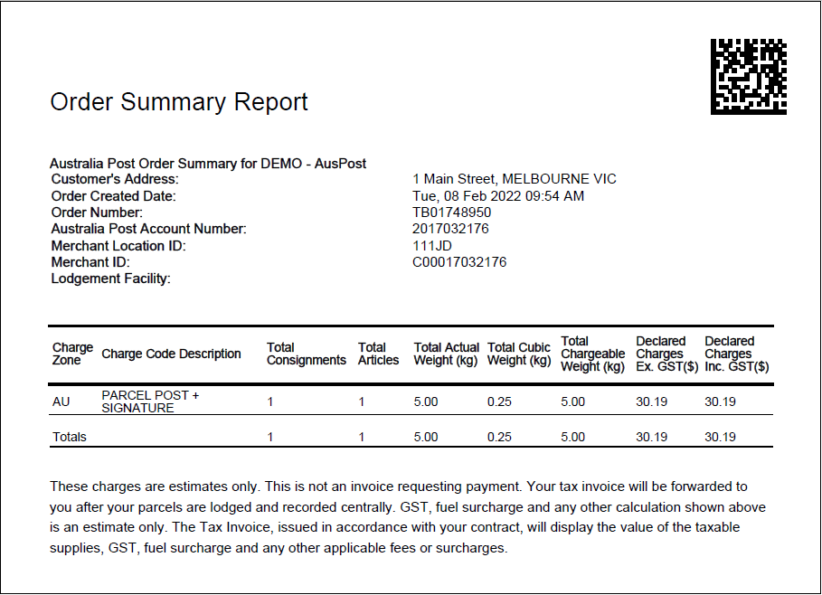 Example of Order Summary Report - Customer Copy Example of Order Summary Report - Customer Copy