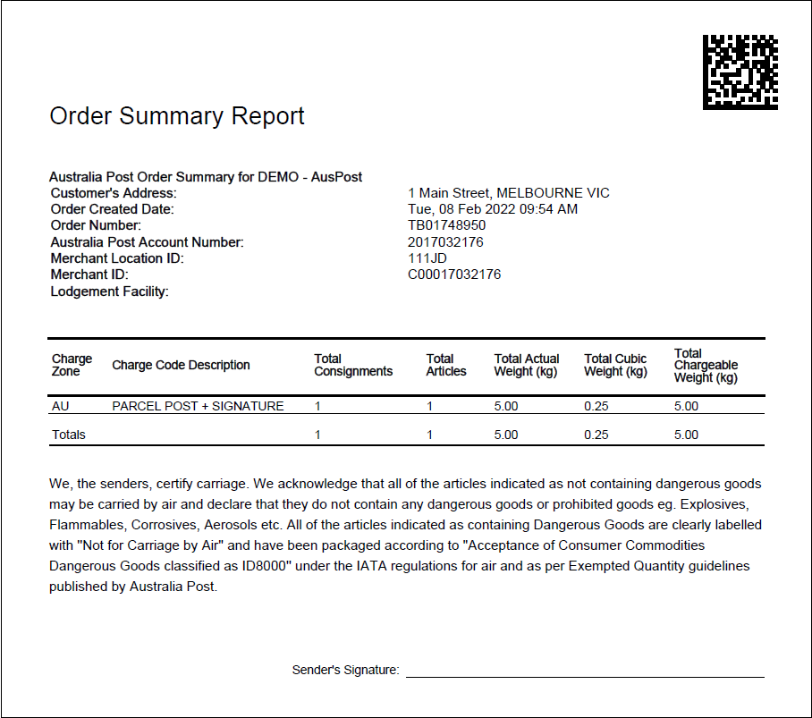 Example of Order Summary Report - Australia Post/StarTrack Copy Example of Order Summary Report - Australia Post/StarTrack Copy