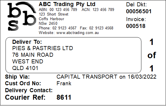 Example of Capital Transport Despatch Label Example of Capital Transport Despatch Label