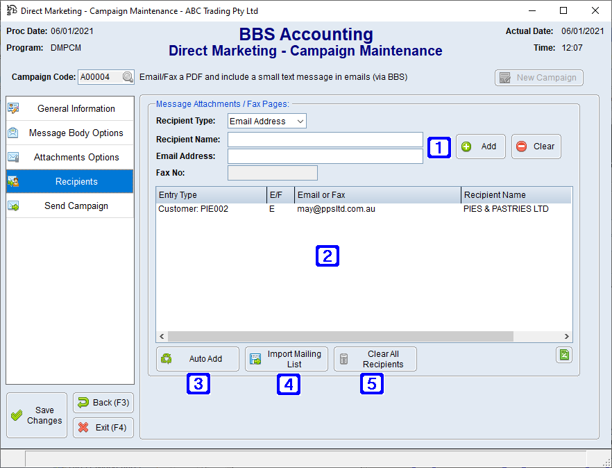 Direct Marketing Campaign Recipients Screen Direct Marketing Campaign Recipients Screen