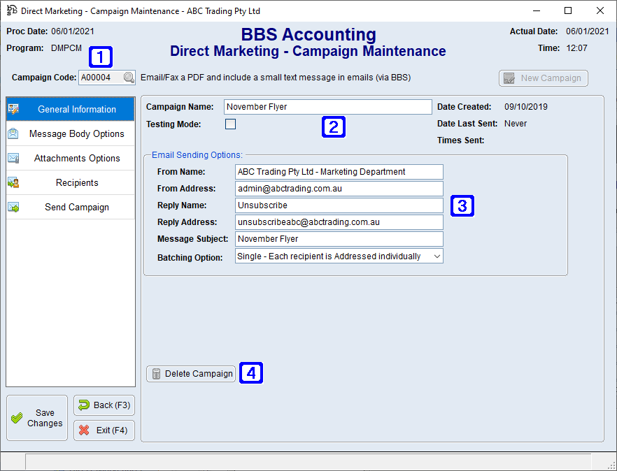Direct Marketing Campaign General Information Screen Direct Marketing Campaign General Information Screen