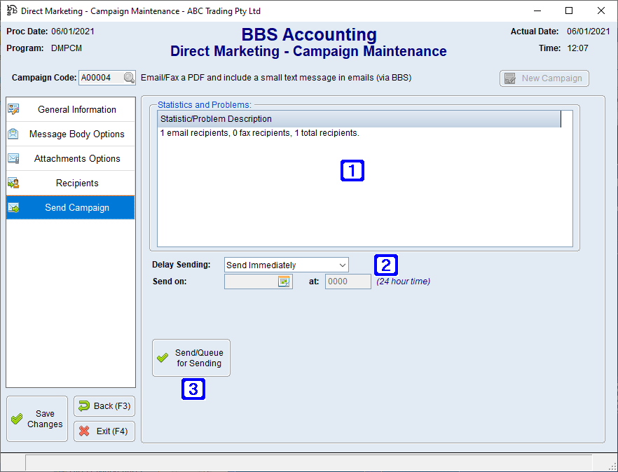 Direct Marketing Campaign Send Campaign Screen Direct Marketing Campaign Send Campaign Screen
