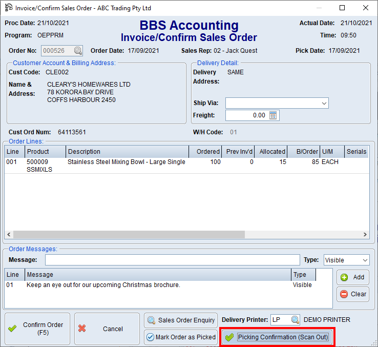 Invoice/Confirm Sales Order Screen Invoice/Confirm Sales Order Screen