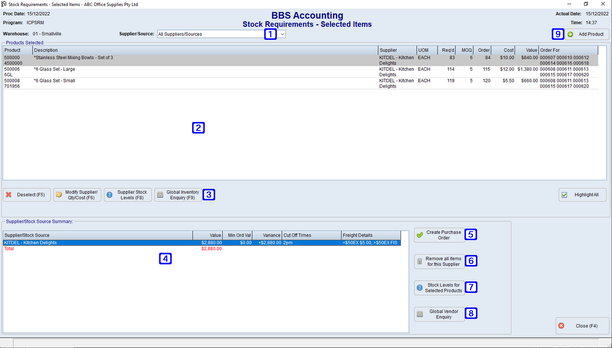 Stock Requirements - Selected Items Screen Stock Requirements - Selected Items Screen