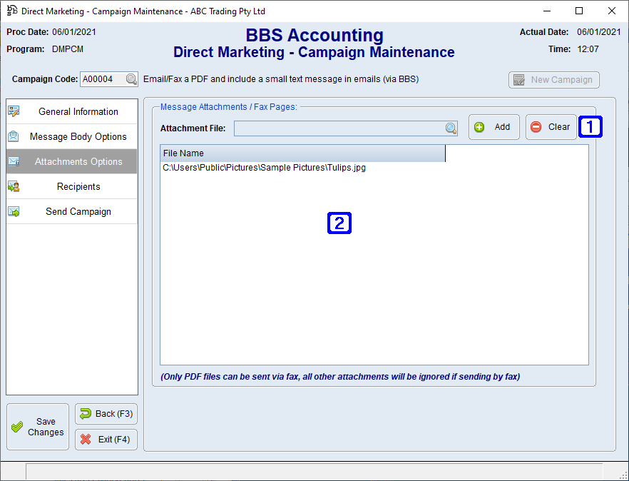 Direct Marketing Campaign Attachment Options Screen Direct Marketing Campaign Attachment Options Screen
