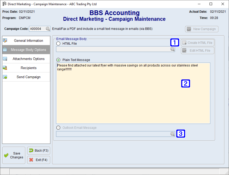 Direct Marketing Campaign Message Body Options Screen Direct Marketing Campaign Message Body Options Screen