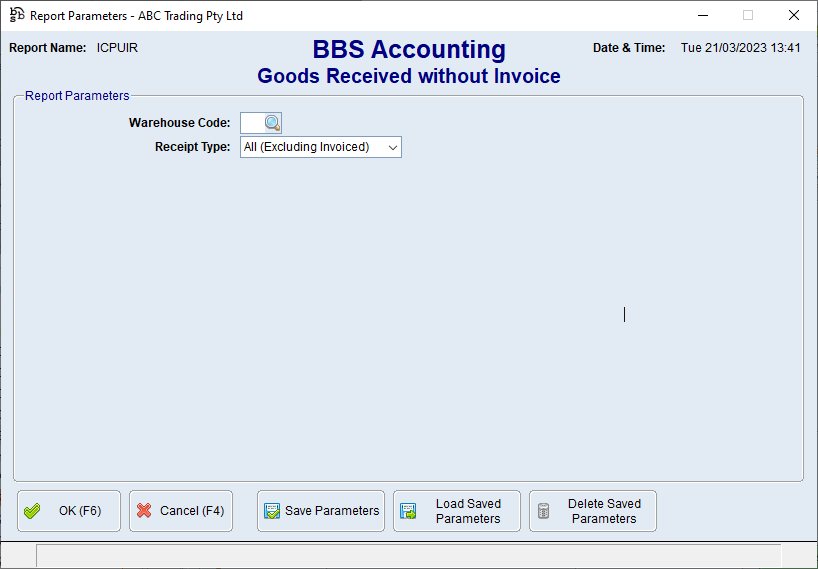Goods Received Without Invoice Report Screen Goods Received Without Invoice Report Screen