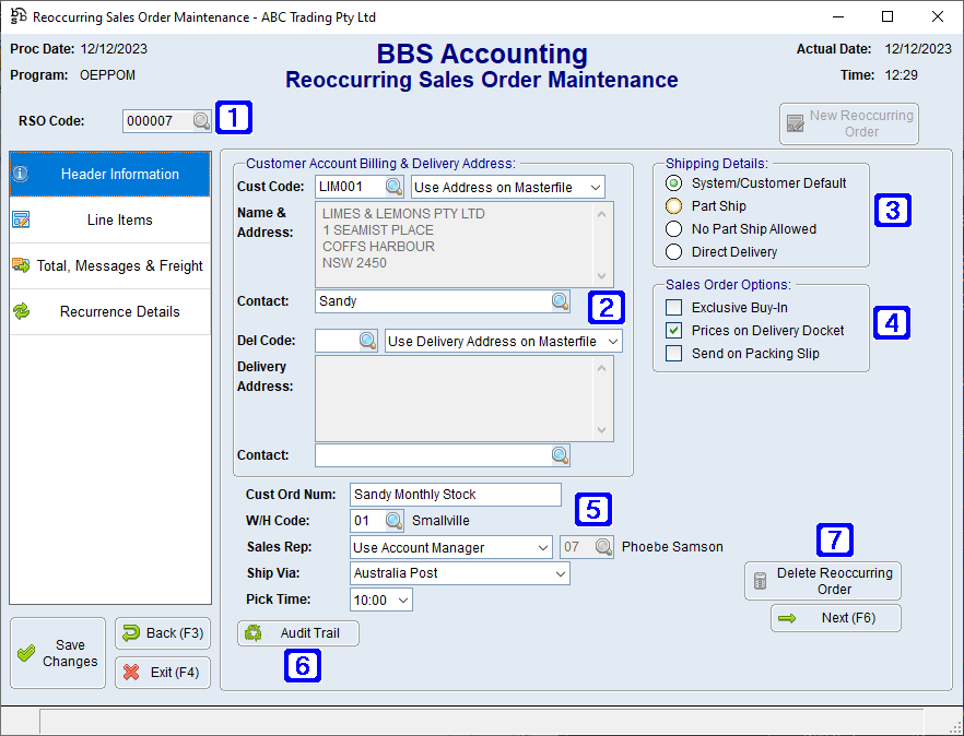 Reoccurring Sales Order Maintenance - Header Information Screen Reoccurring Sales Order Maintenance - Header Information Screen